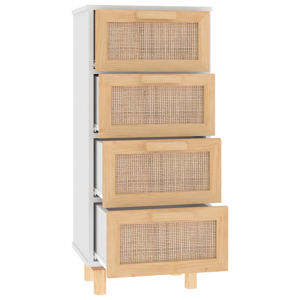Credenza Bianca 40x30x90cm Legno Massello Pino Rattan Naturale