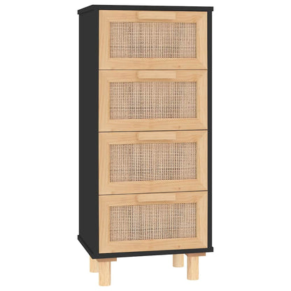 Credenza Nera 40x30x90 cm Legno Massello Pino e Rattan Naturale