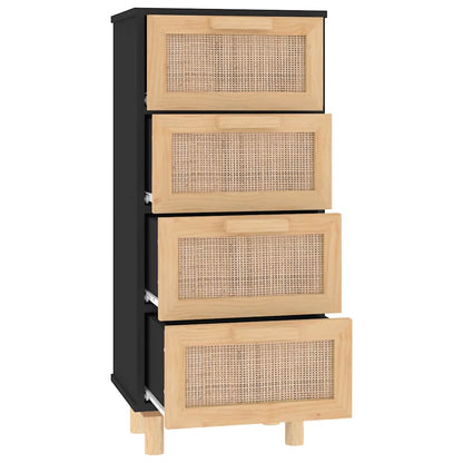 Credenza Nera 40x30x90 cm Legno Massello Pino e Rattan Naturale