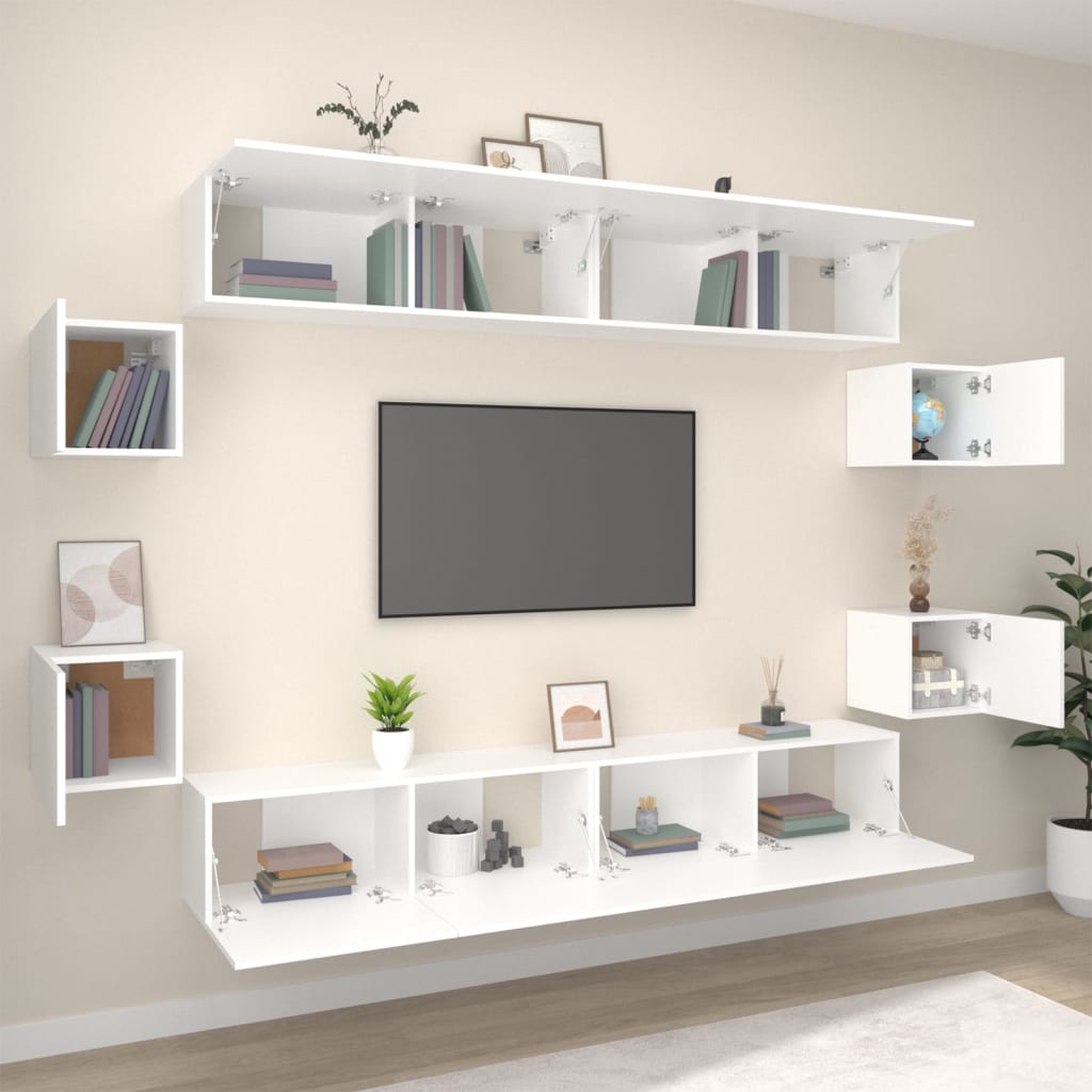 Set Mobili Porta TV 8pz Bianco in Legno Multistrato