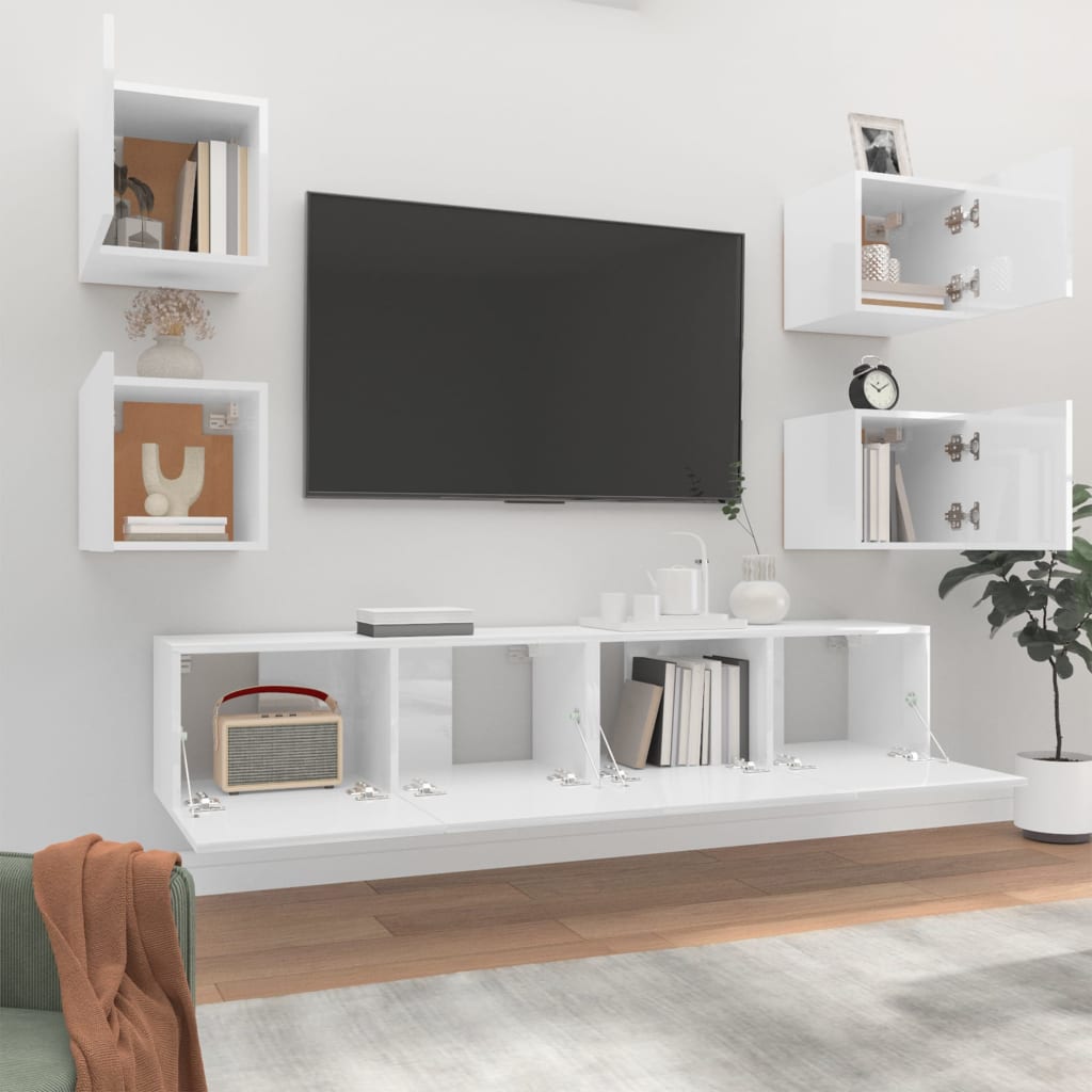 Set di Mobili Porta TV 6 pz Bianco Lucido in Legno Multistrato