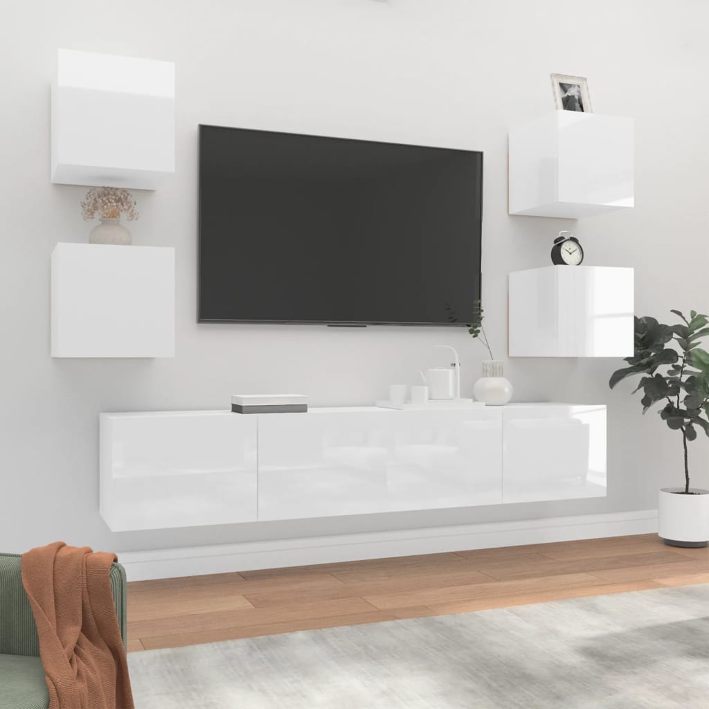 Set di Mobili Porta TV 6 pz Bianco Lucido in Legno Multistrato