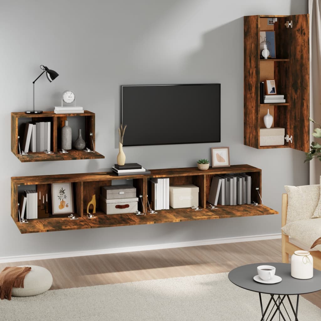 Set di Mobili Porta TV 4 pz Rovere Fumo in Legno Multistrato