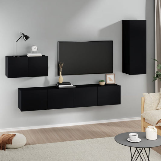 4-piece Black TV Stand Furniture Set in Multilayer Wood