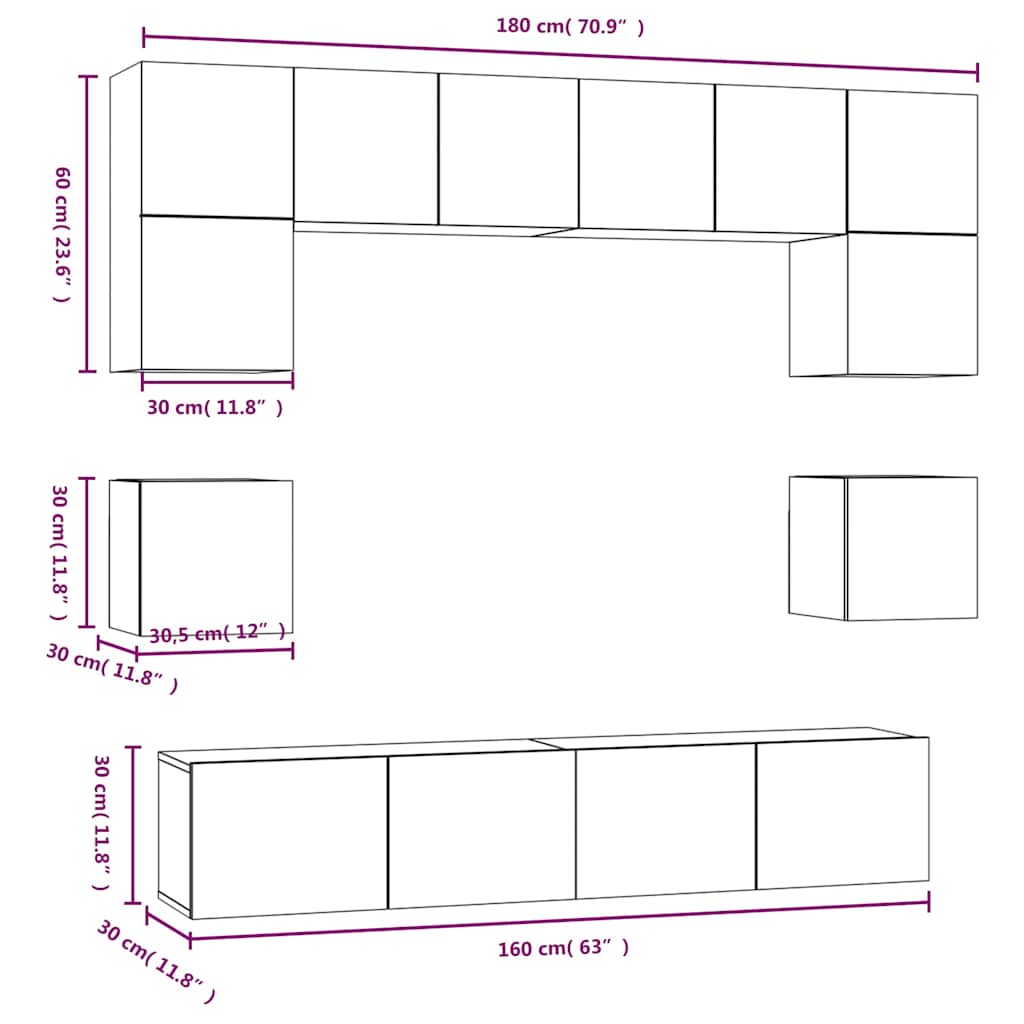 Set Mobili Porta TV 8pz Bianco in Legno Multistrato