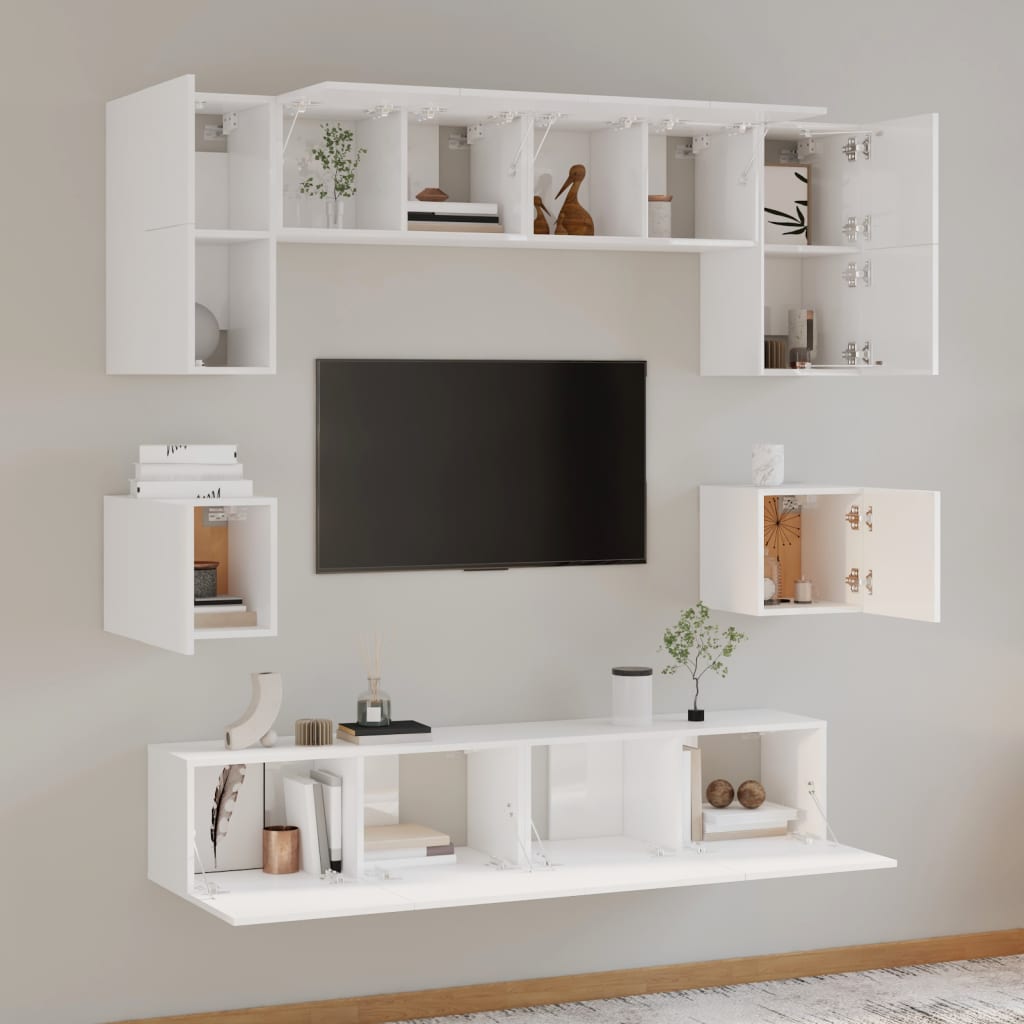 Set Mobili Porta TV 8pz Bianco Lucido in Legno Multistrato