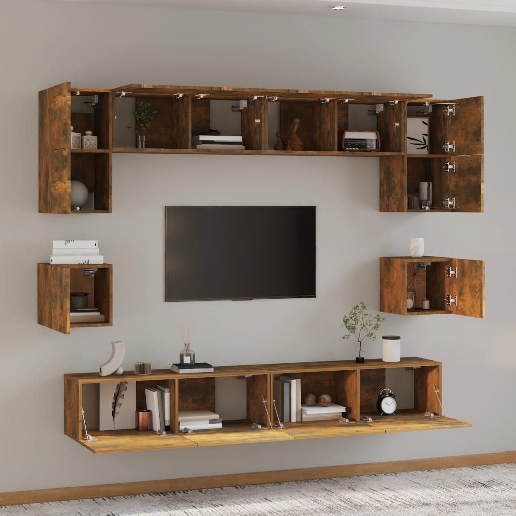 Set Mobili Porta TV 8pz Rovere Fumo in Legno Multistrato | homemem39