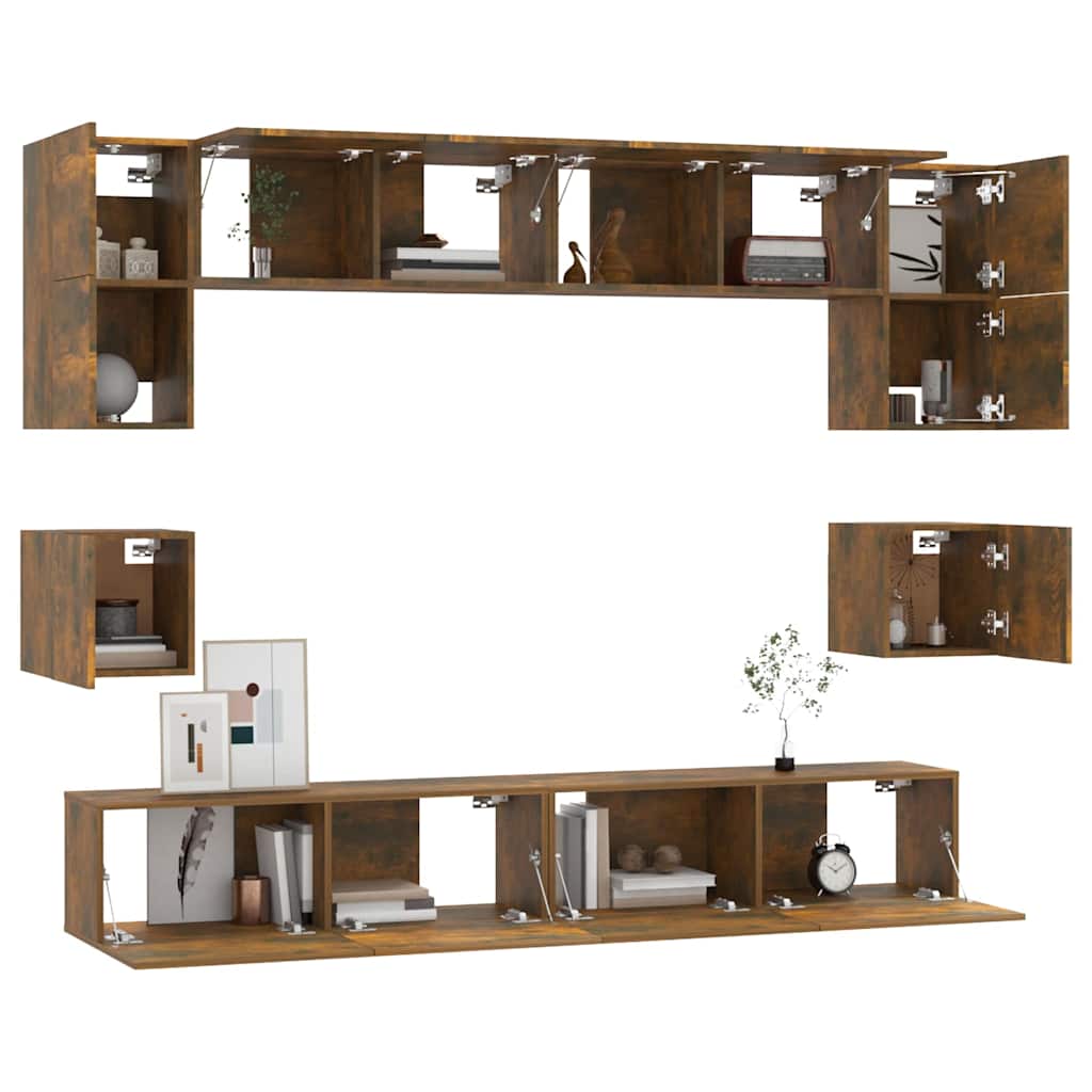 Set Mobili Porta TV 8pz Rovere Fumo in Legno Multistrato