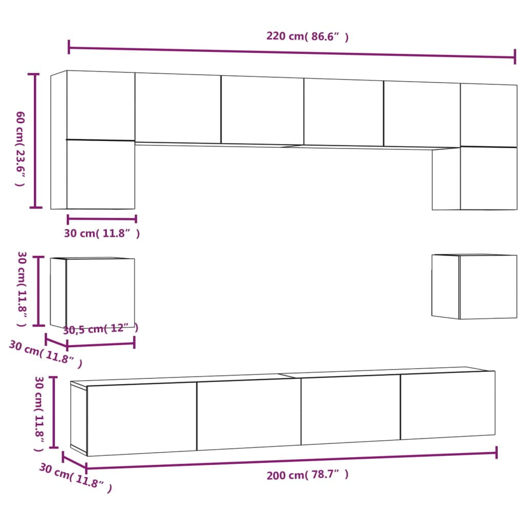 Set Mobili Porta TV 8pz Rovere Fumo in Legno Multistrato | homemem39