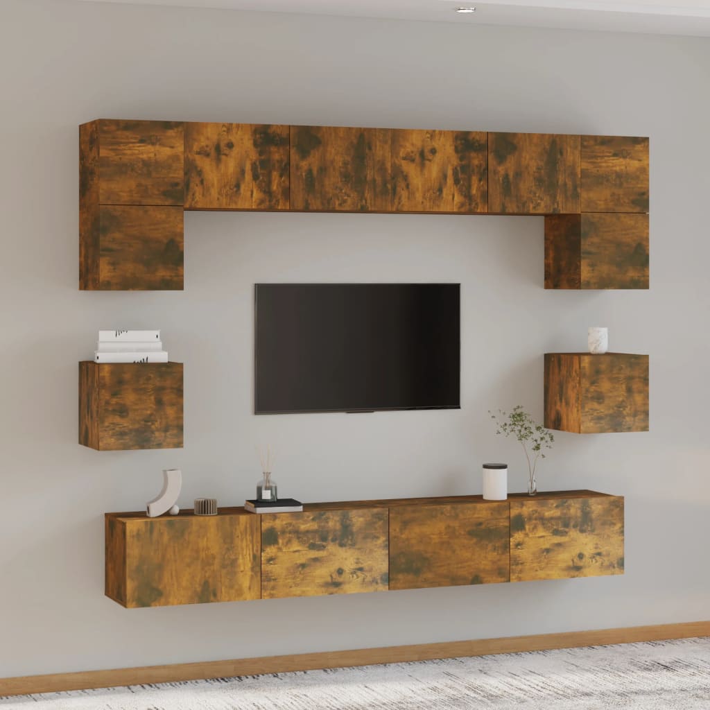 Set Mobili Porta TV 8pz Rovere Fumo in Legno Multistrato | homemem39