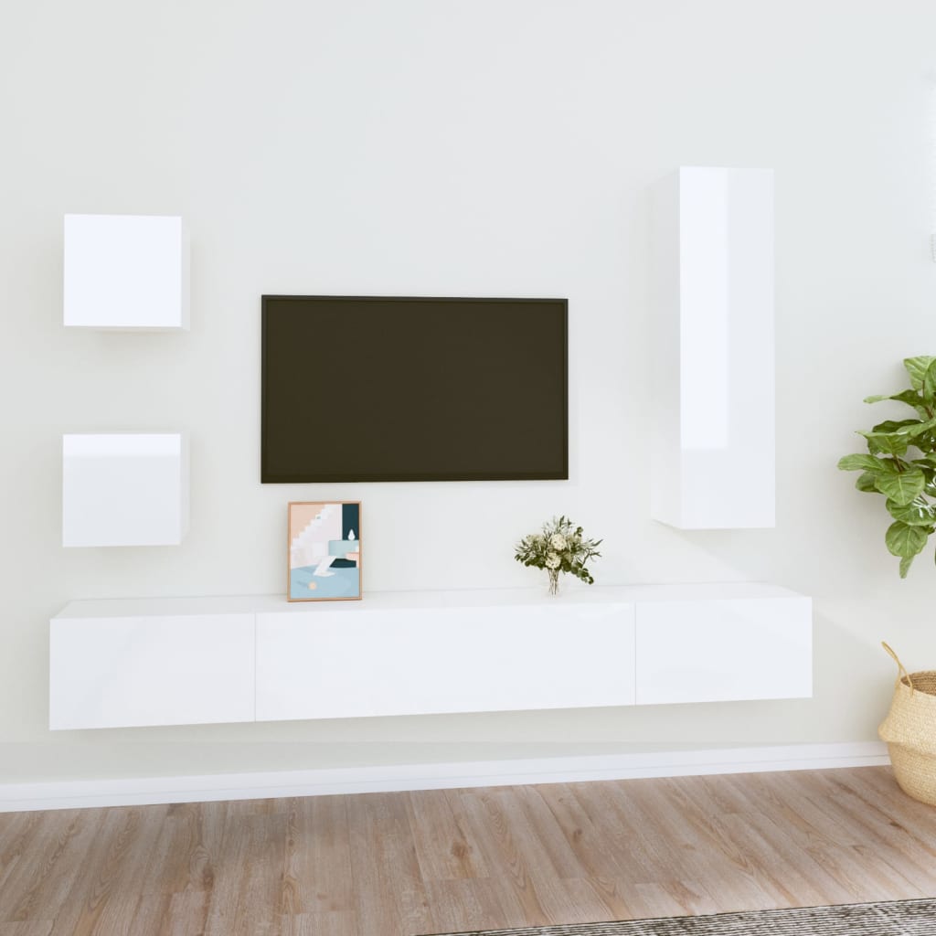 5 pc TV Stand Furniture Set in Gloss White in Multilayer Wood
