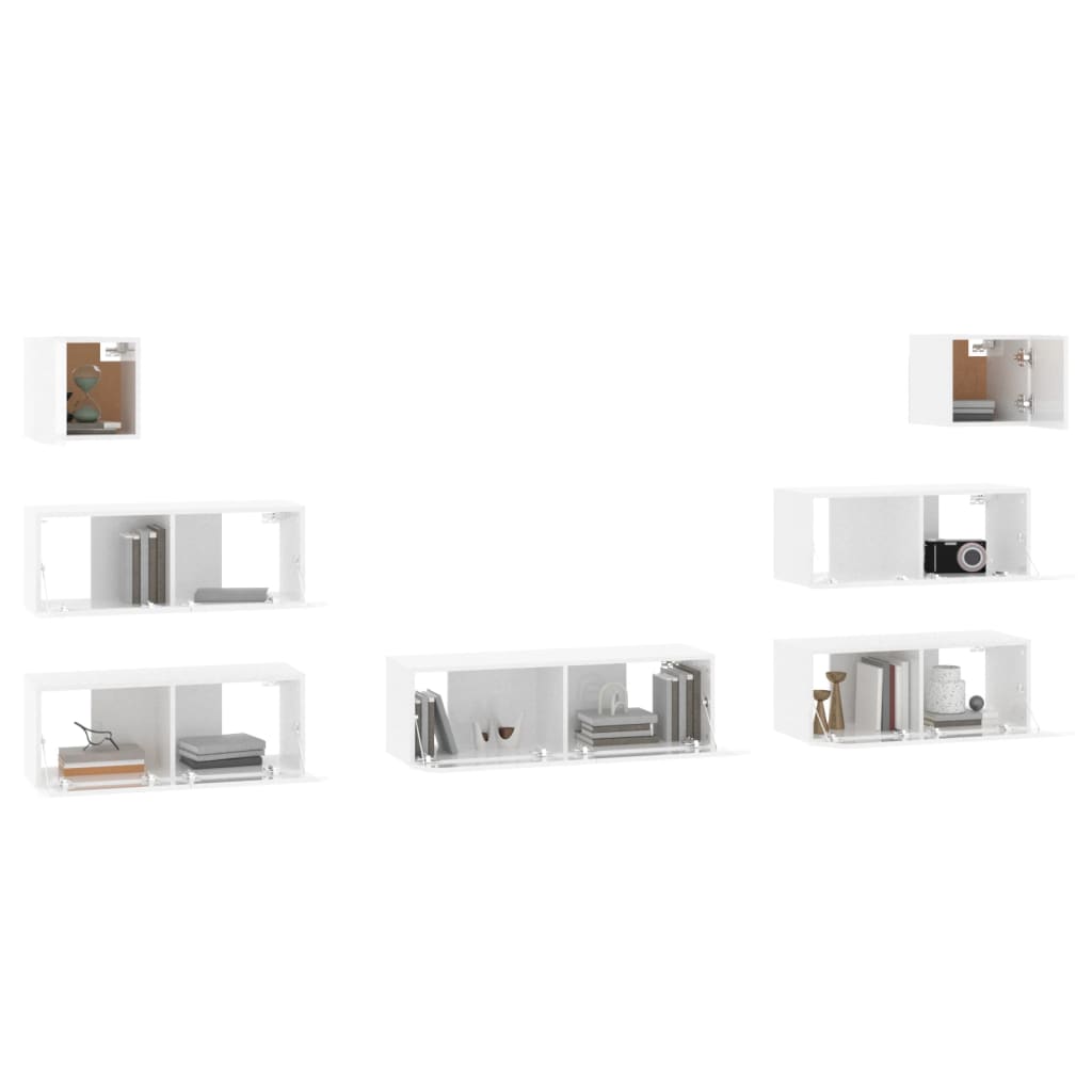 7 pc TV Stand Furniture Set in Gloss White in Multilayer Wood