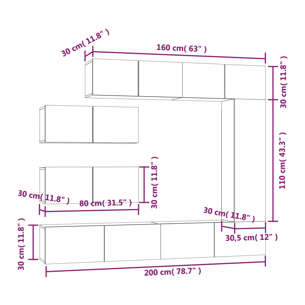 Set di Mobili Porta TV 7 pz Grigio Cemento in Legno Multistrato