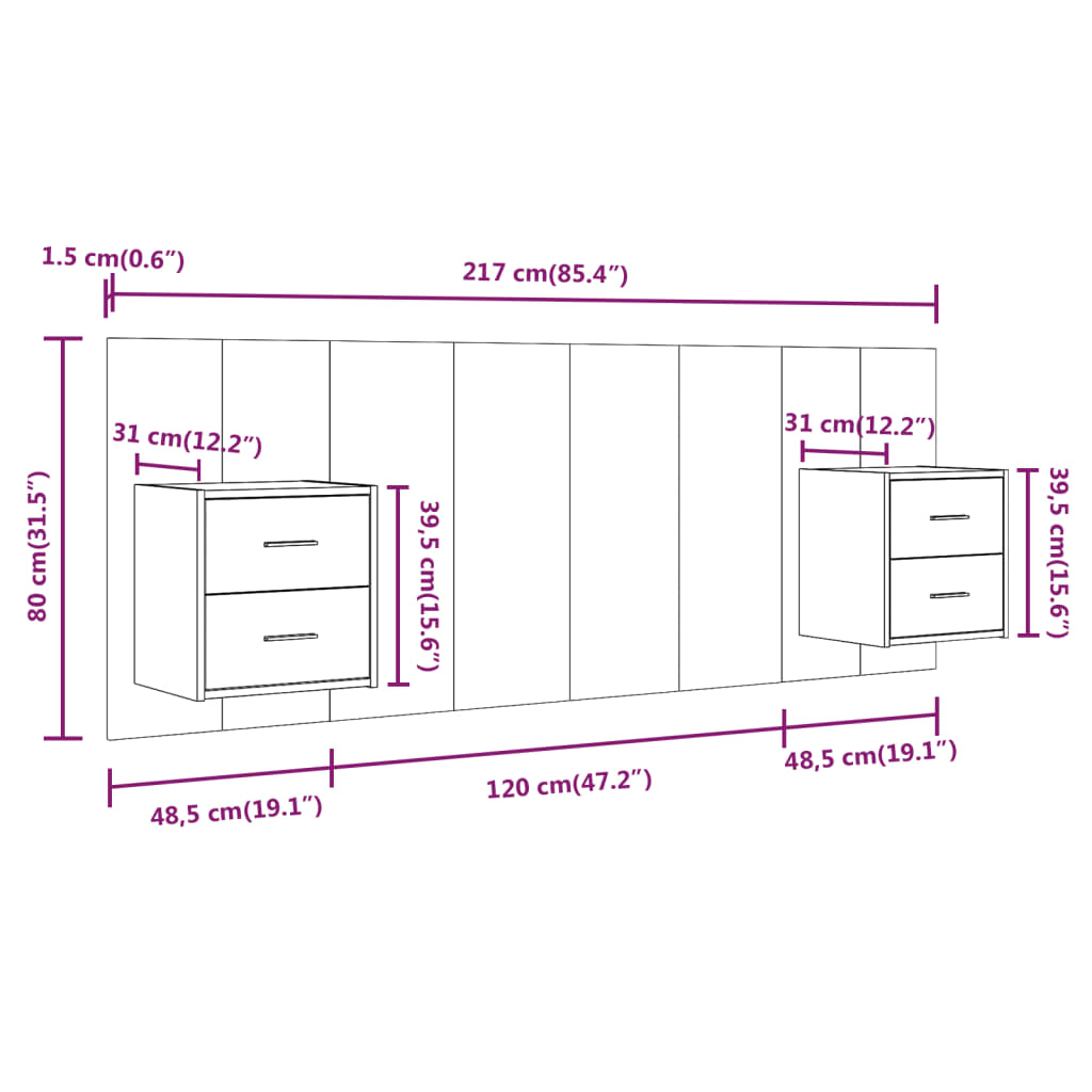 Testiera Letto con Comodini in Legno Multistrato Rovere Fumo