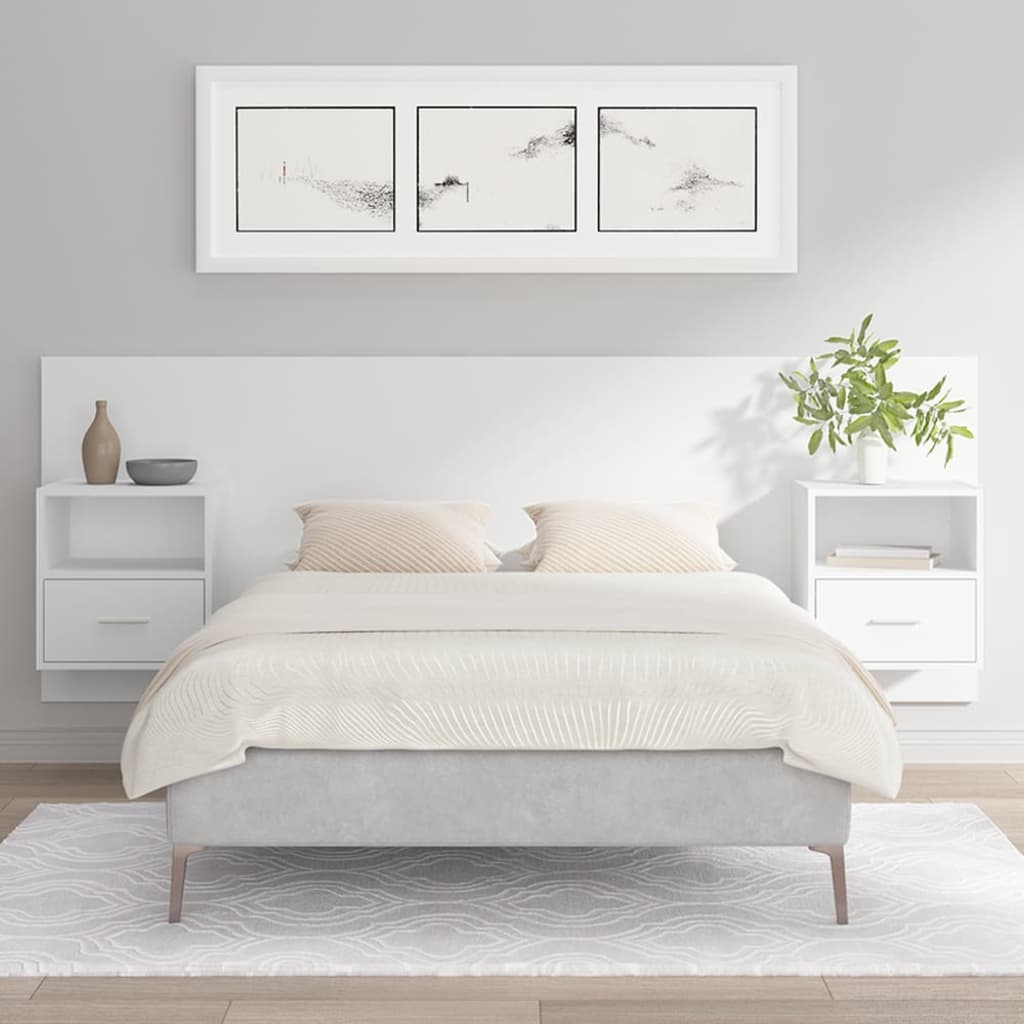 Testiera per Letto con Comodini in Legno Multistrato Bianco - homemem39