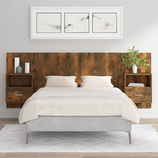 Testiera Letto con Comodini Rovere Fumo in Legno Multistrato - homemem39
