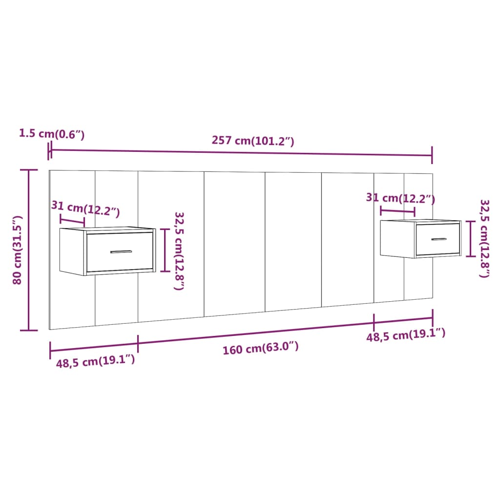 Testiera Letto con Comodini in Legno Multistrato Rovere Fumo