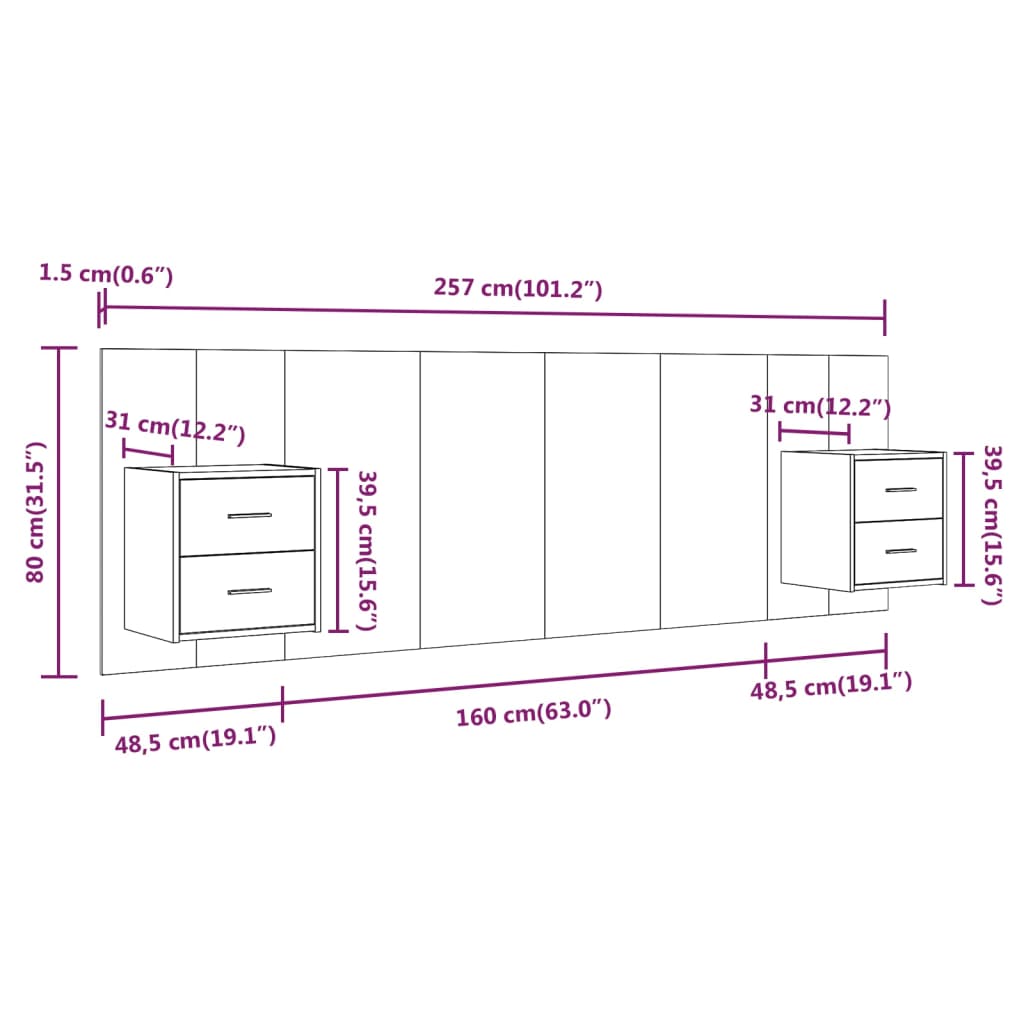 Testiera Letto con Comodini in Legno Multistrato Rovere Fumo