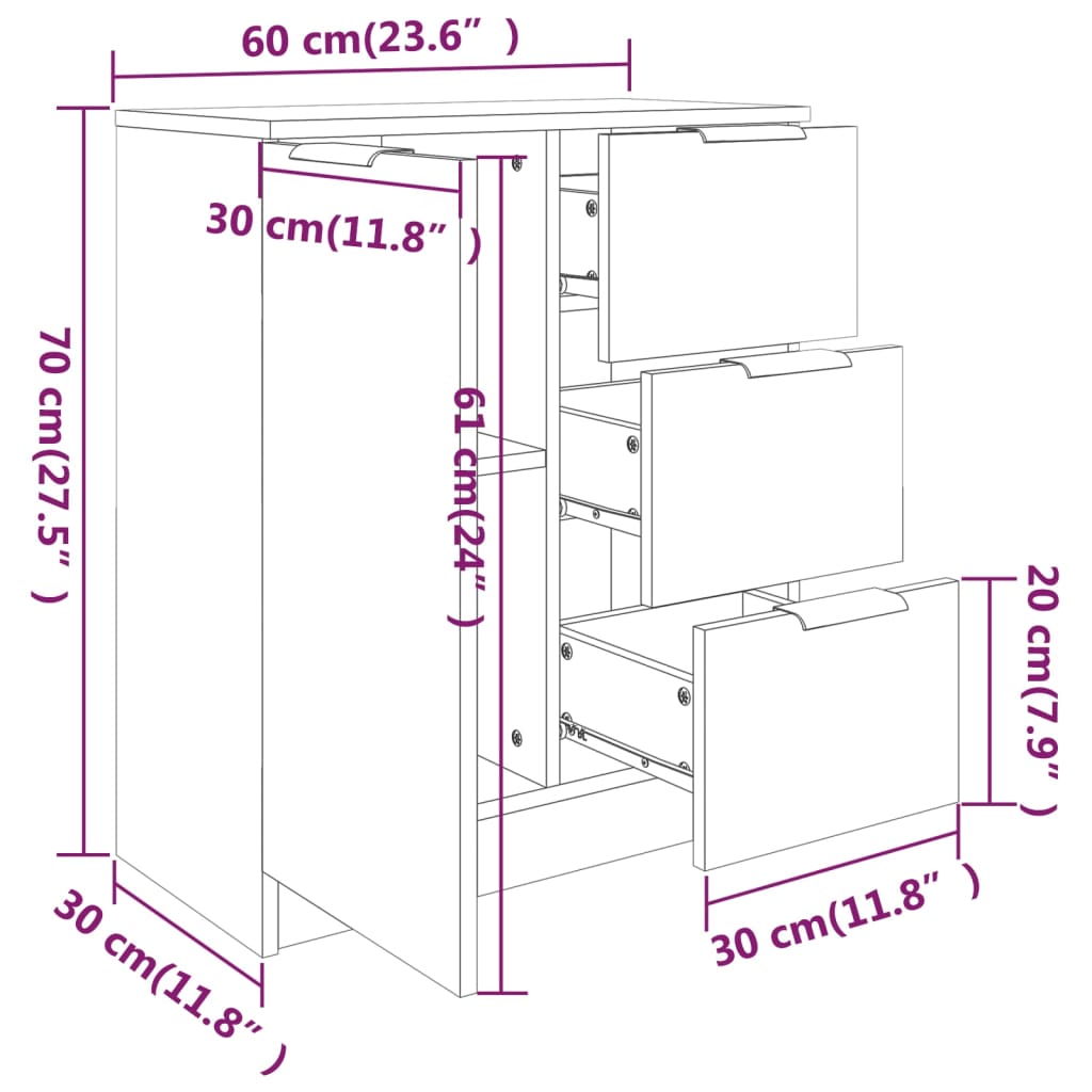 Credenze 2 pz Nere 60x30x70 cm in Legno Multistrato