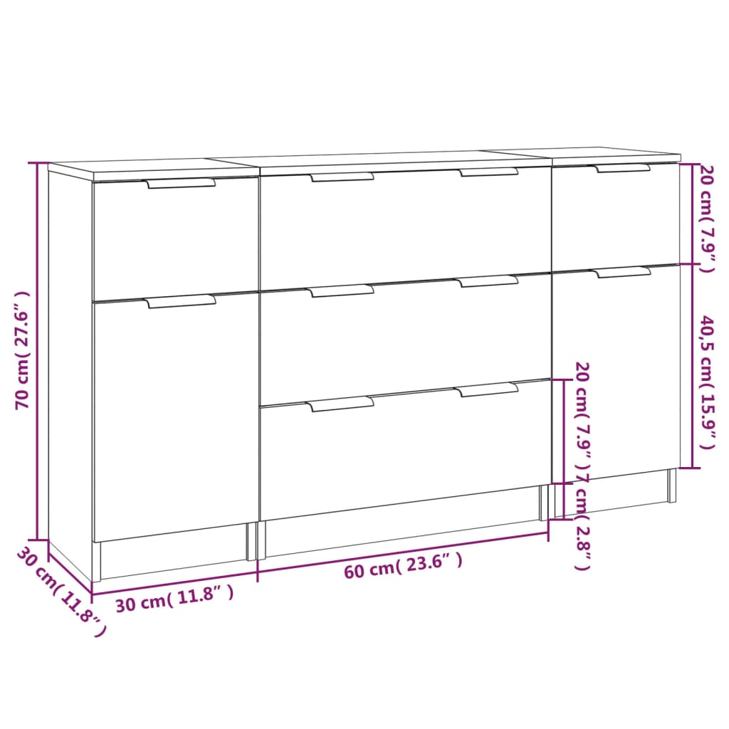 Set di Credenze 3 pz in Legno Multistrato Nero