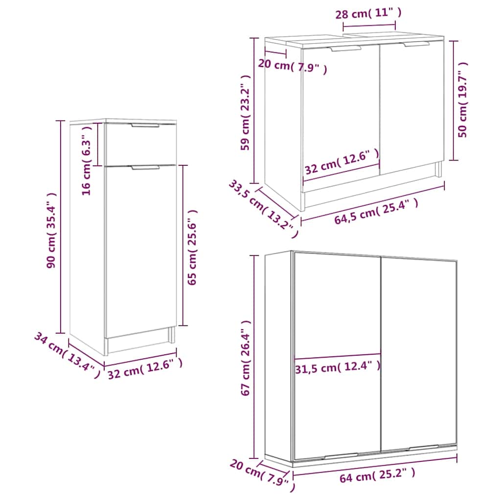Set di Mobili da Bagno 3 pz Bianco in Legno Multistrato