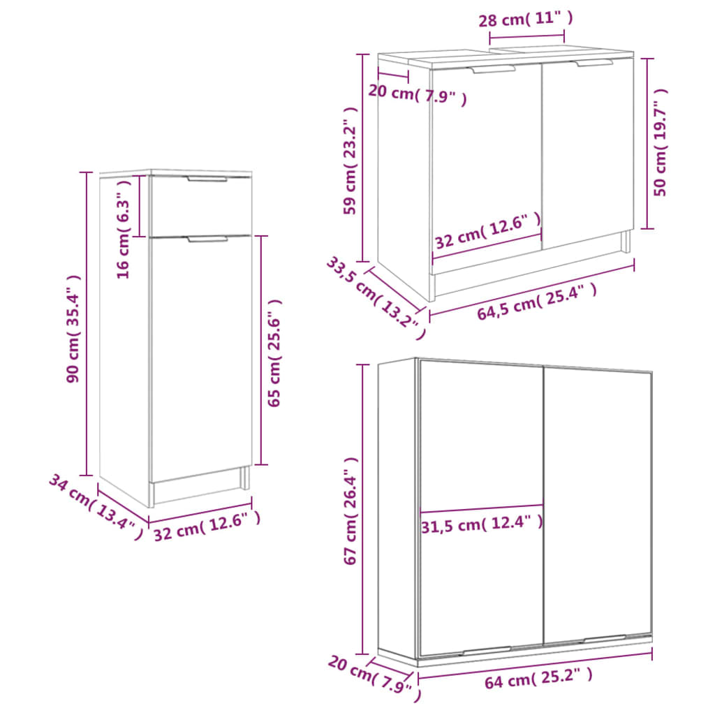Set Mobili da Bagno 3 pz Grigio Sonoma in Legno Multistrato | homemem39