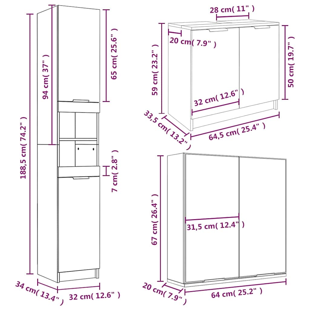 Set di Mobili da Bagno 3 pz Bianco in Legno Multistrato
