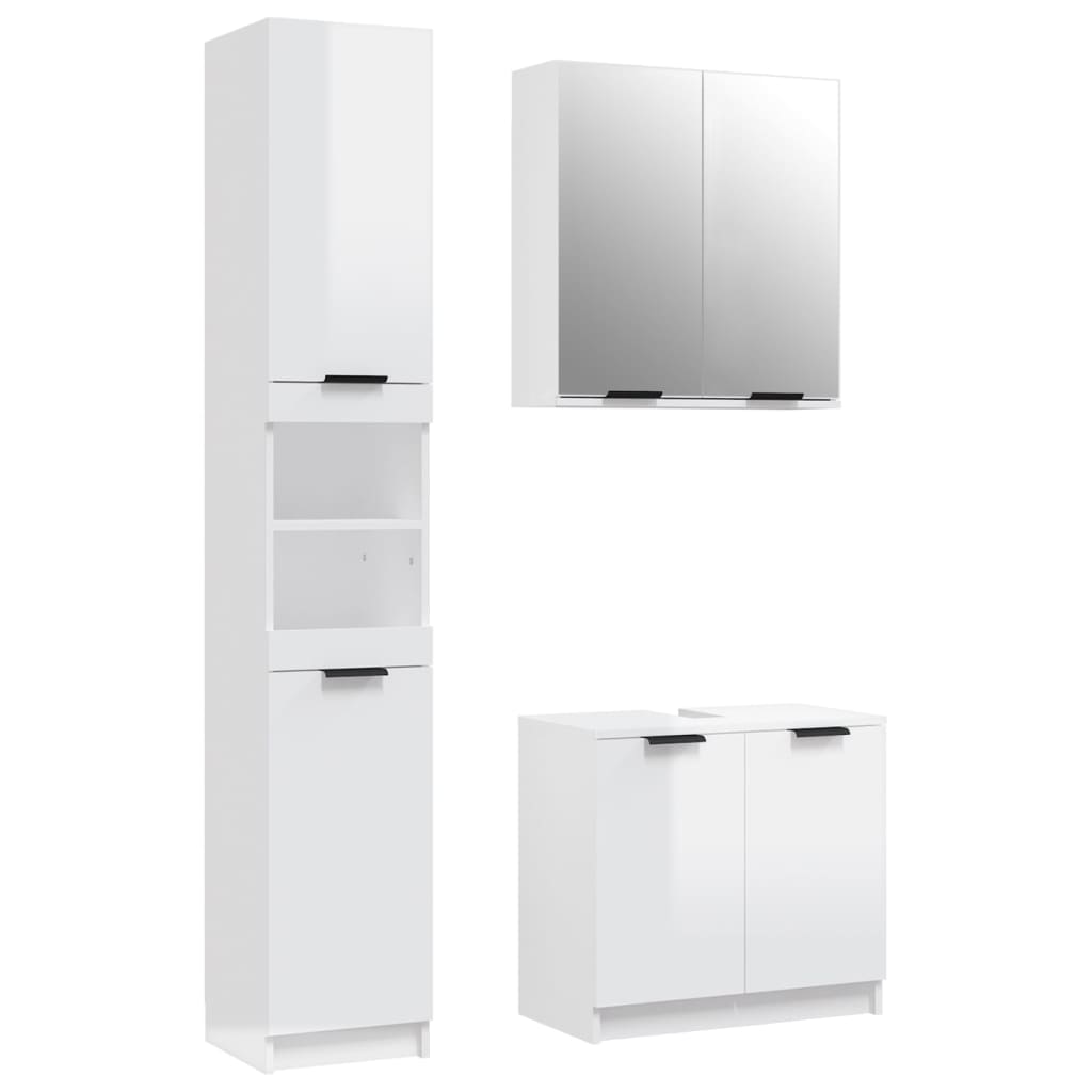 Set Mobili da Bagno 3 pz Bianco Lucido in Legno Multistrato