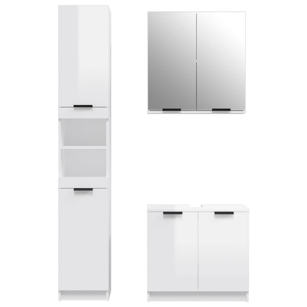 Set Mobili da Bagno 3 pz Bianco Lucido in Legno Multistrato