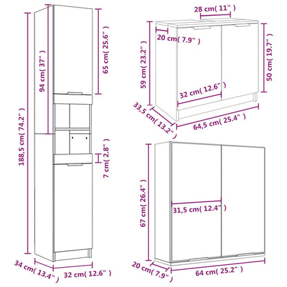 Set Mobili da Bagno 3 pz Bianco Lucido in Legno Multistrato