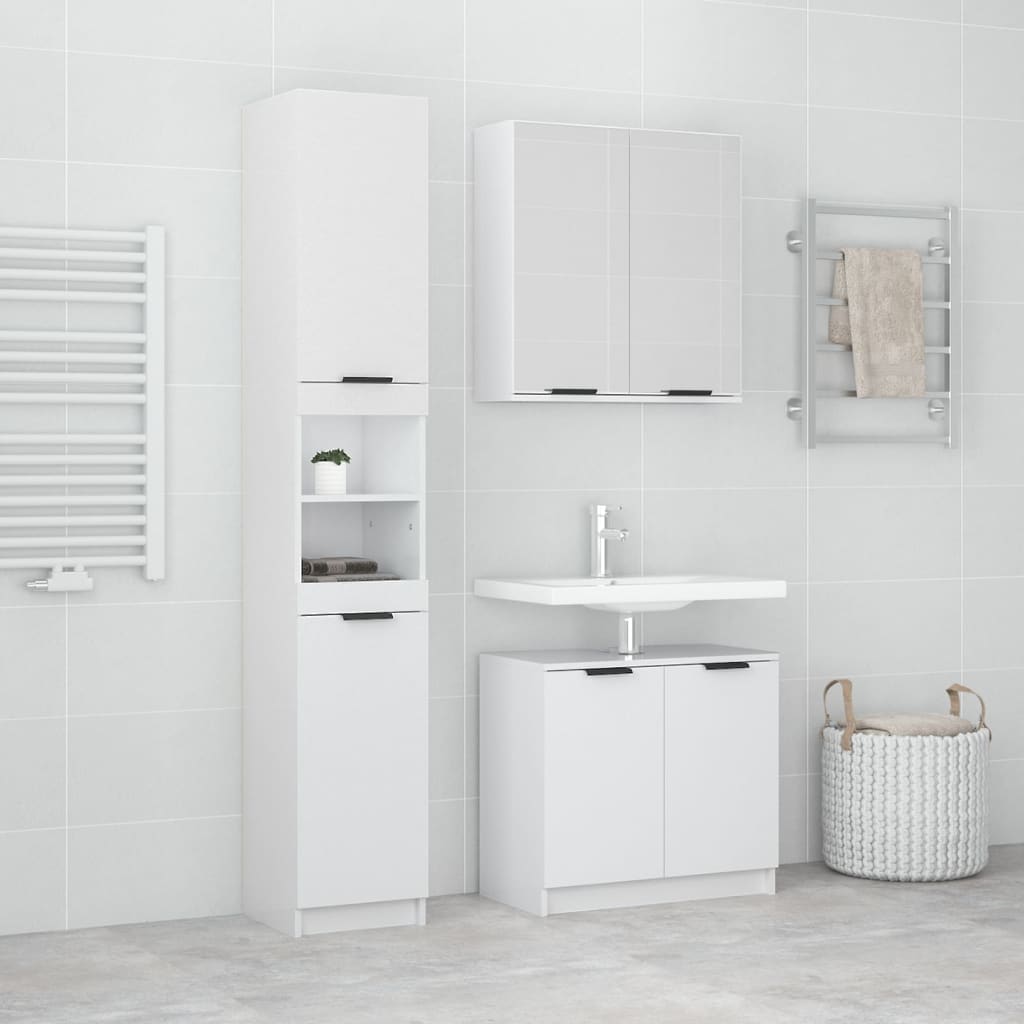 Set Mobili da Bagno 3 pz Bianco Lucido in Legno Multistrato