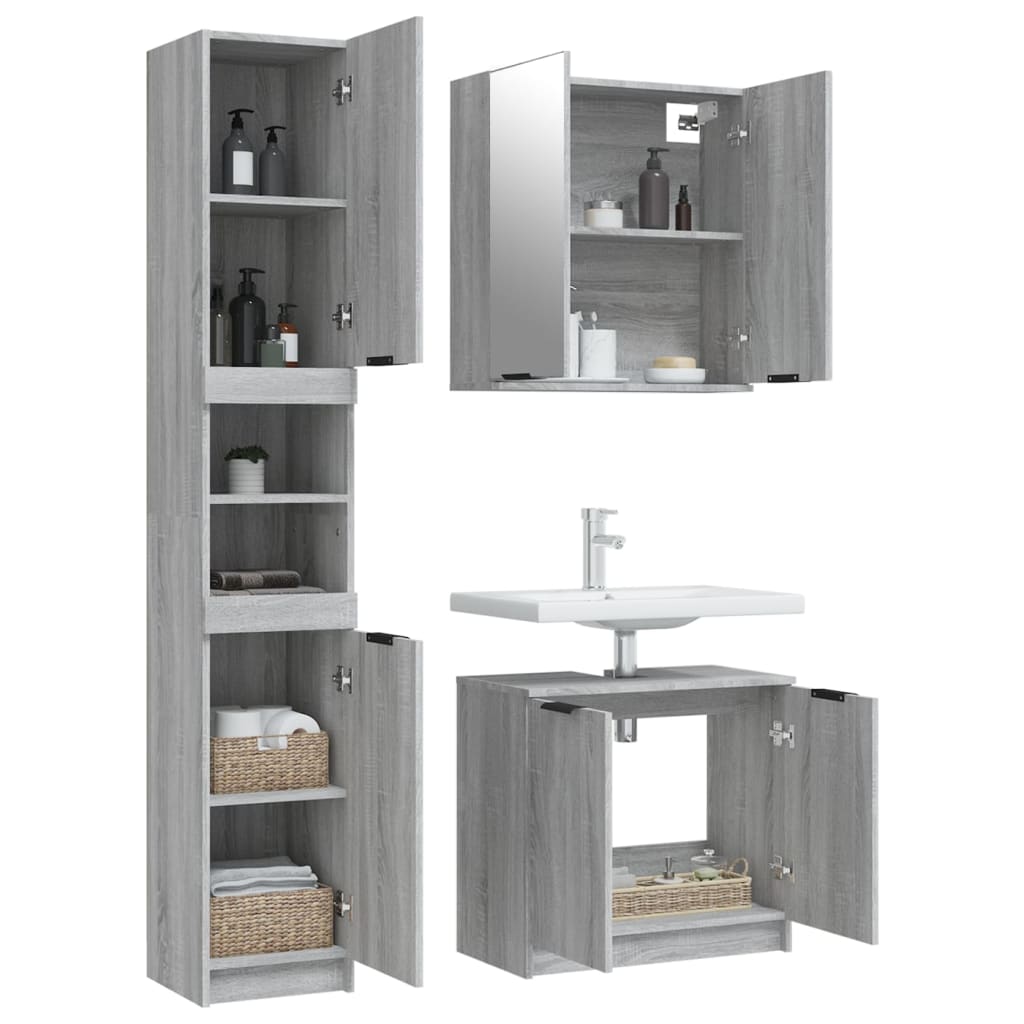 Set Mobili da Bagno 3 pz Grigio Sonoma in Legno Multistrato