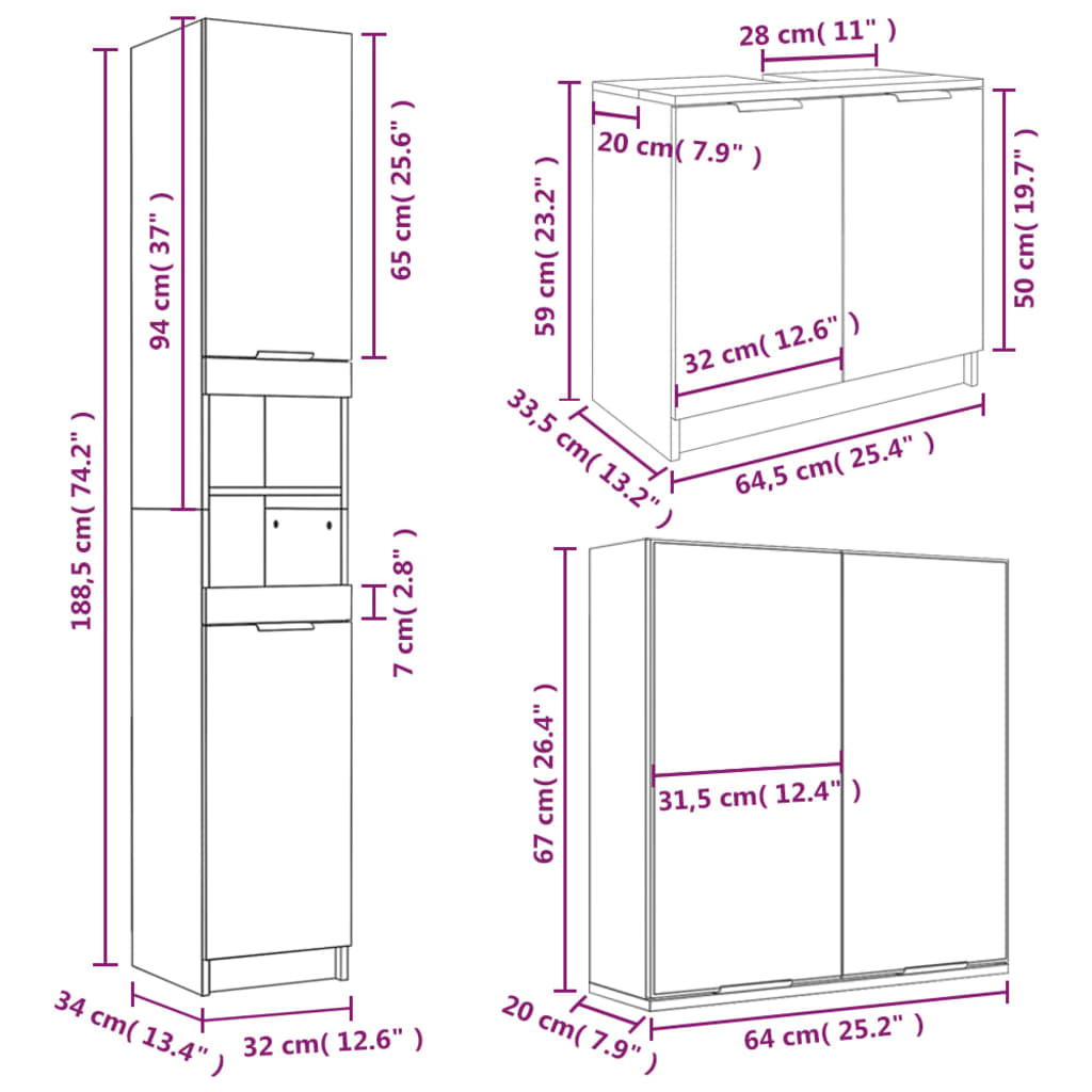 Set Mobili da Bagno 3 pz Grigio Sonoma in Legno Multistrato