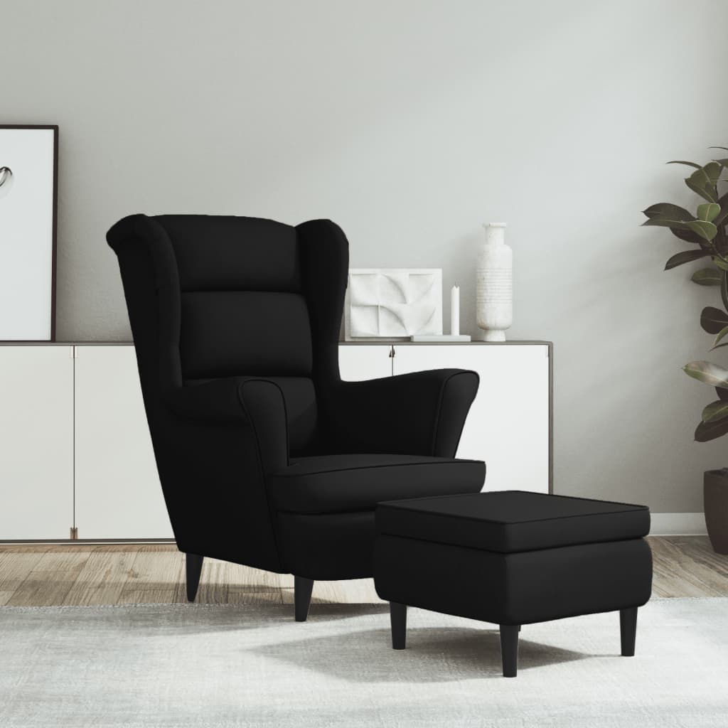 Wing Back Armchair with Black Velvet Footrest