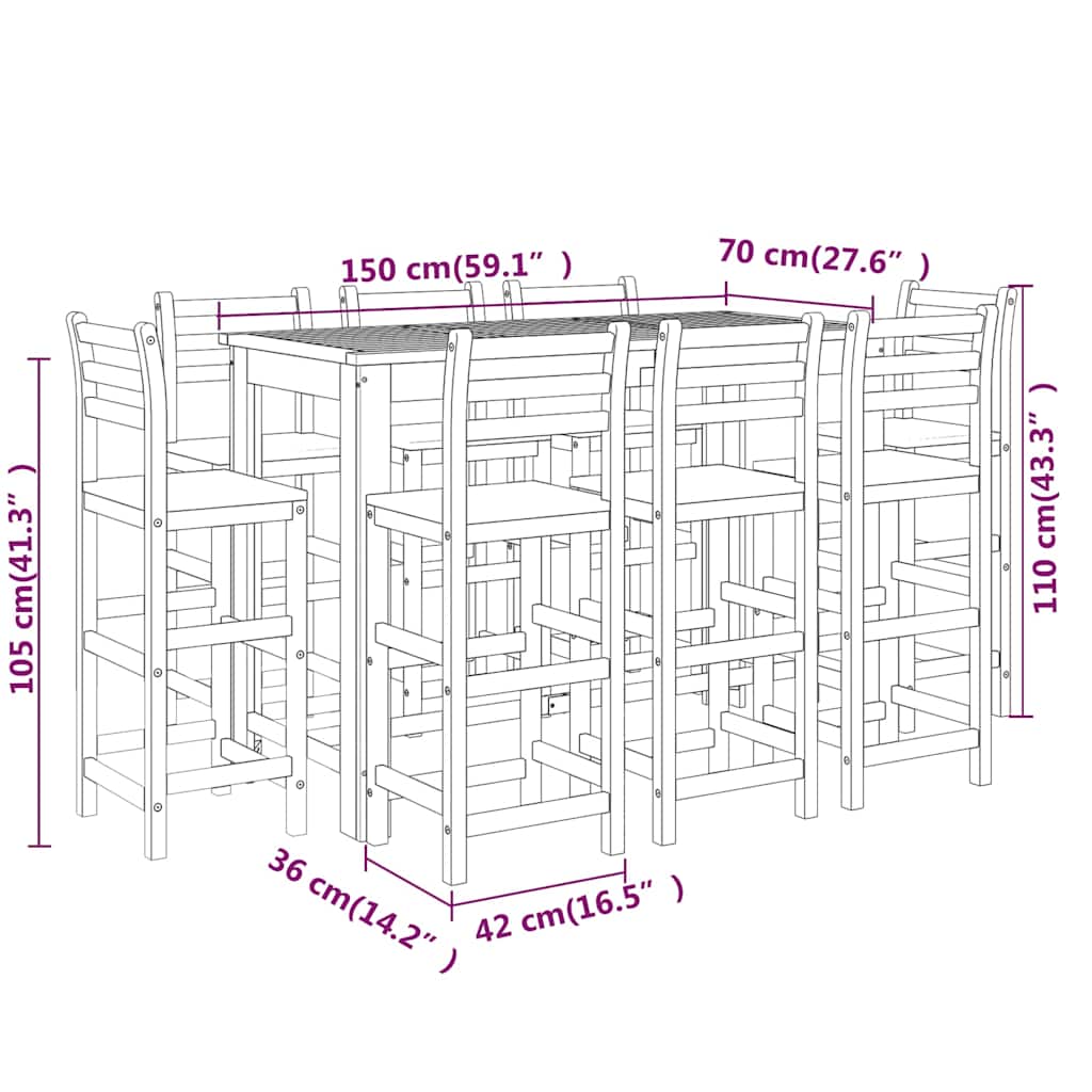 Set da Bar per Giardino 9 pz in Legno Massello di Acacia