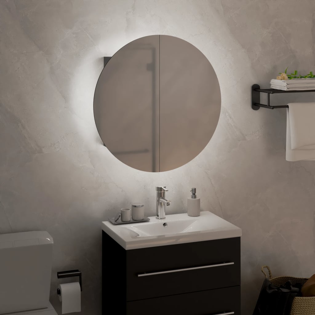 Armadio da Bagno con Specchio Rotondo e LED Grigio 40x40x17,5cm | homemem39