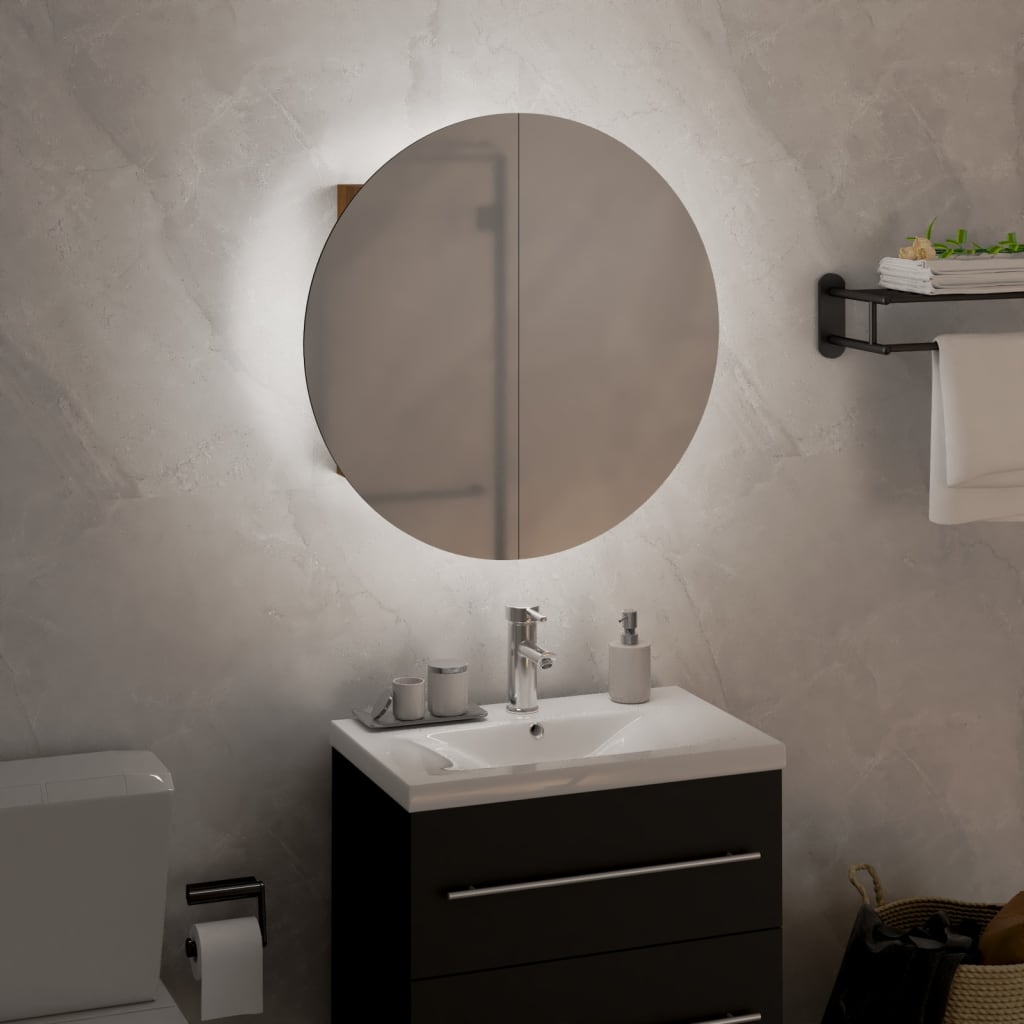 Armadio da Bagno con Specchio Rotondo e LED Rovere 40x40x17,5cm | homemem39