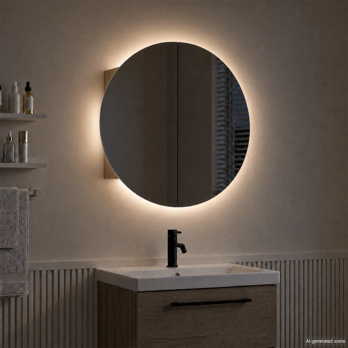 Armadio da Bagno con Specchio Rotondo e LED Rovere 40x40x17,5cm