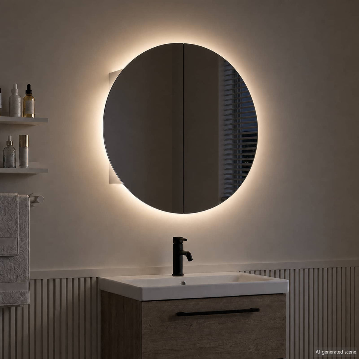 Armadio da Bagno con Specchio Rotondo e LED Bianco 47x47x17,5cm