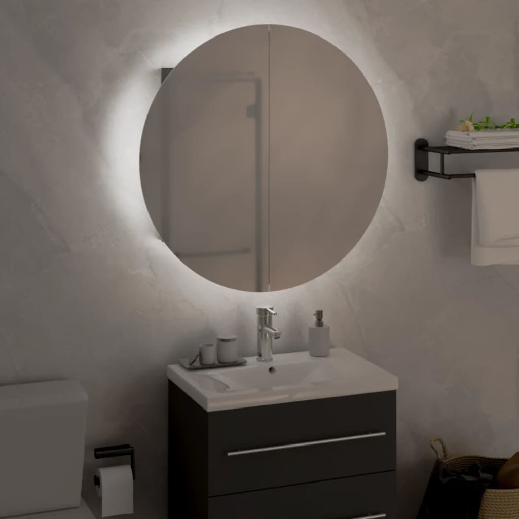 Armadio da Bagno con Specchio Rotondo e LED Grigio 47x47x17,5cm | homemem39
