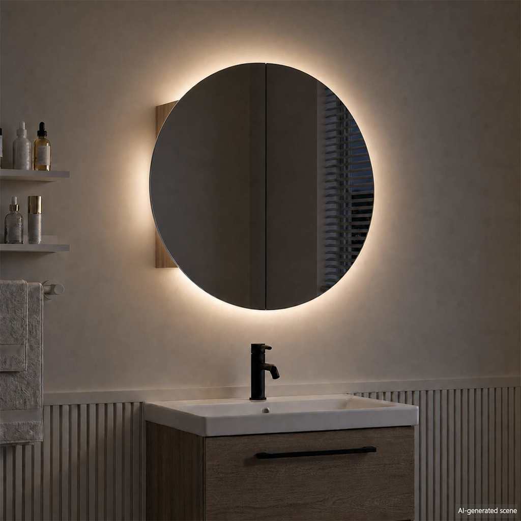 Armadio da Bagno con Specchio Rotondo e LED Rovere 47x47x17,5cm
