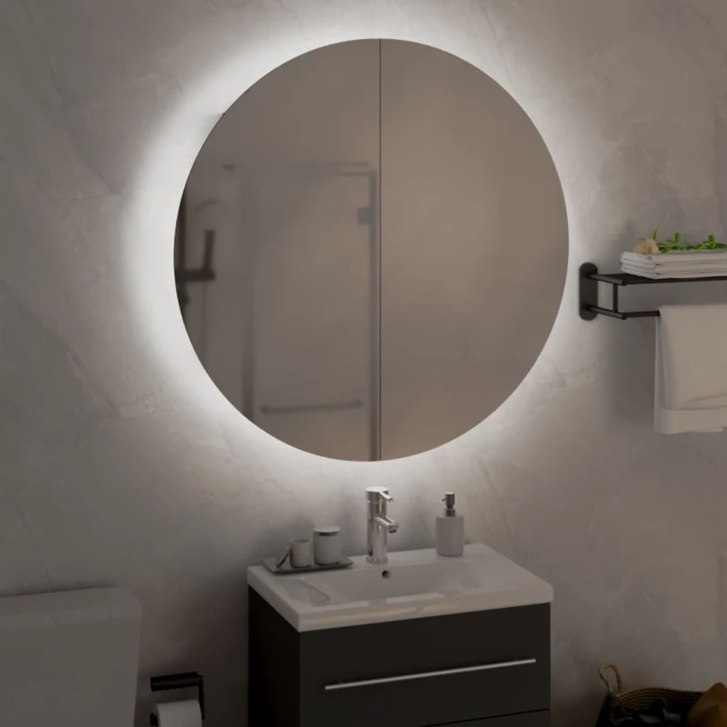 Armadio da Bagno con Specchio Rotondo e LED Bianco 54x54x17,5cm | homemem39