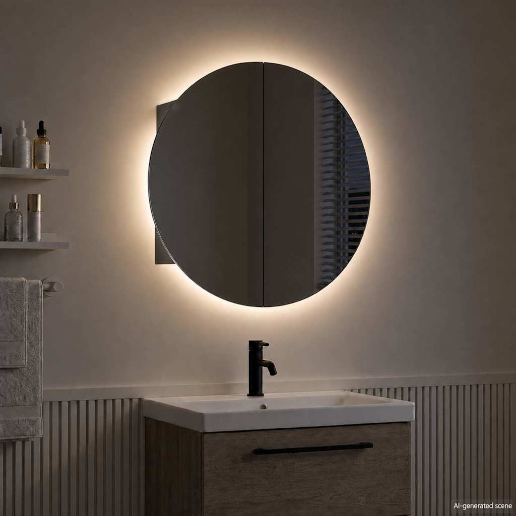 Armadio da Bagno con Specchio Rotondo e LED Nero 54x54x17,5 cm