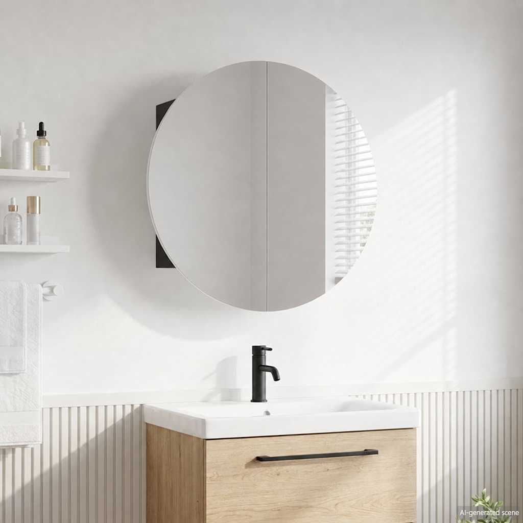 Armadio da Bagno con Specchio Rotondo e LED Nero 54x54x17,5 cm