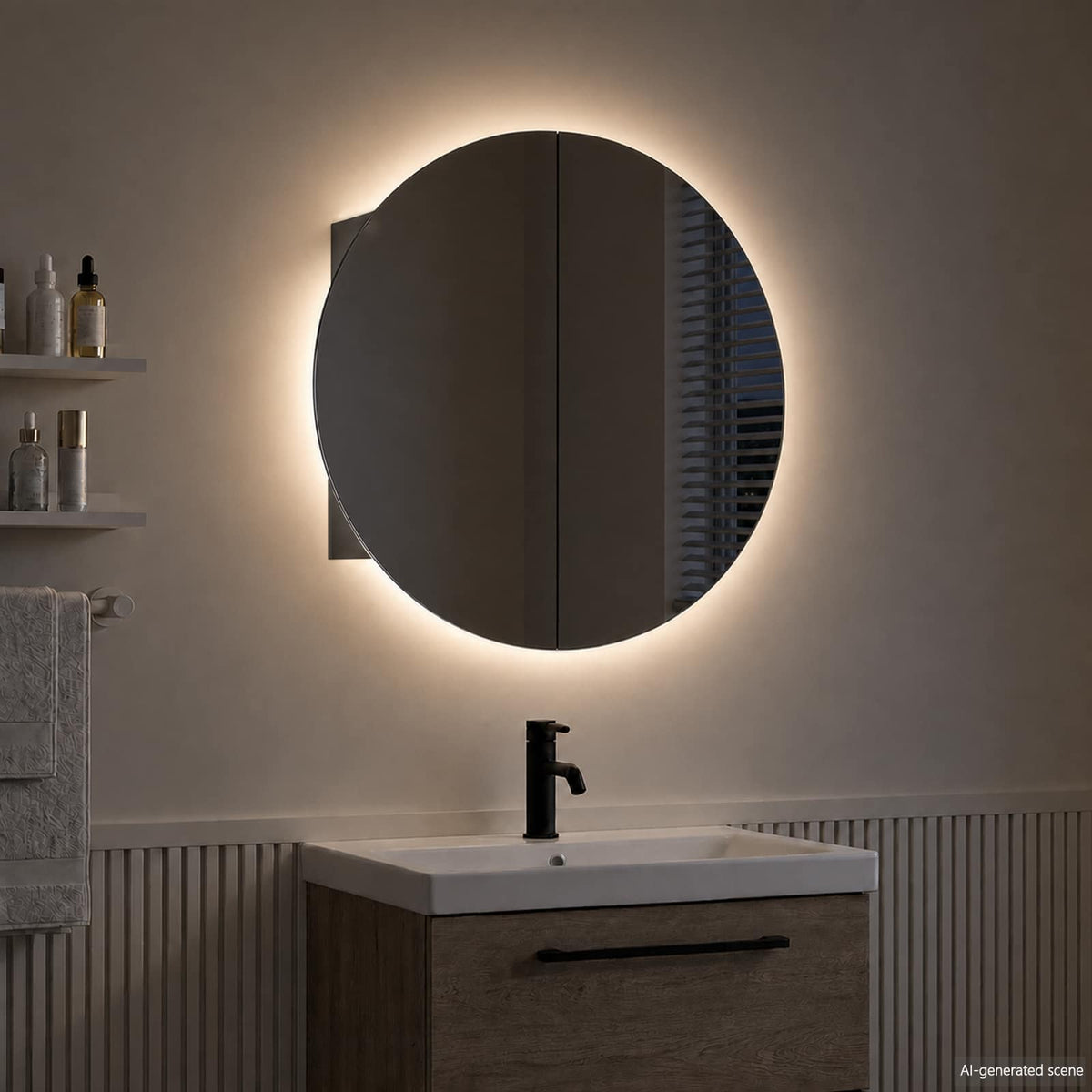 Armadio da Bagno con Specchio Rotondo e LED Nero 54x54x17,5 cm