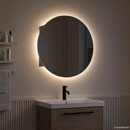 Armadio da Bagno con Specchio Rotondo e LED Nero 54x54x17,5 cm