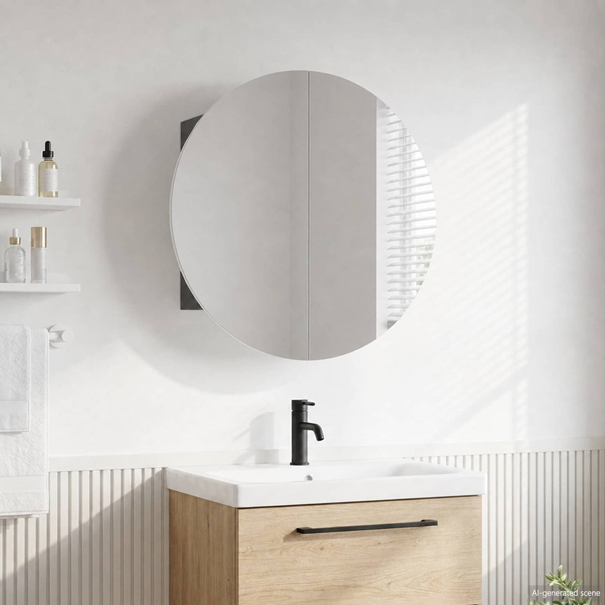 Armadio da Bagno con Specchio Rotondo e LED Grigio 54x54x17,5cm