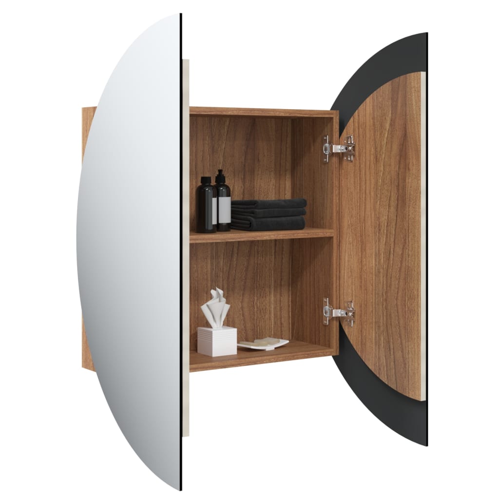 Armadio da Bagno con Specchio Rotondo e LED Rovere 54x54x17,5cm | homemem39