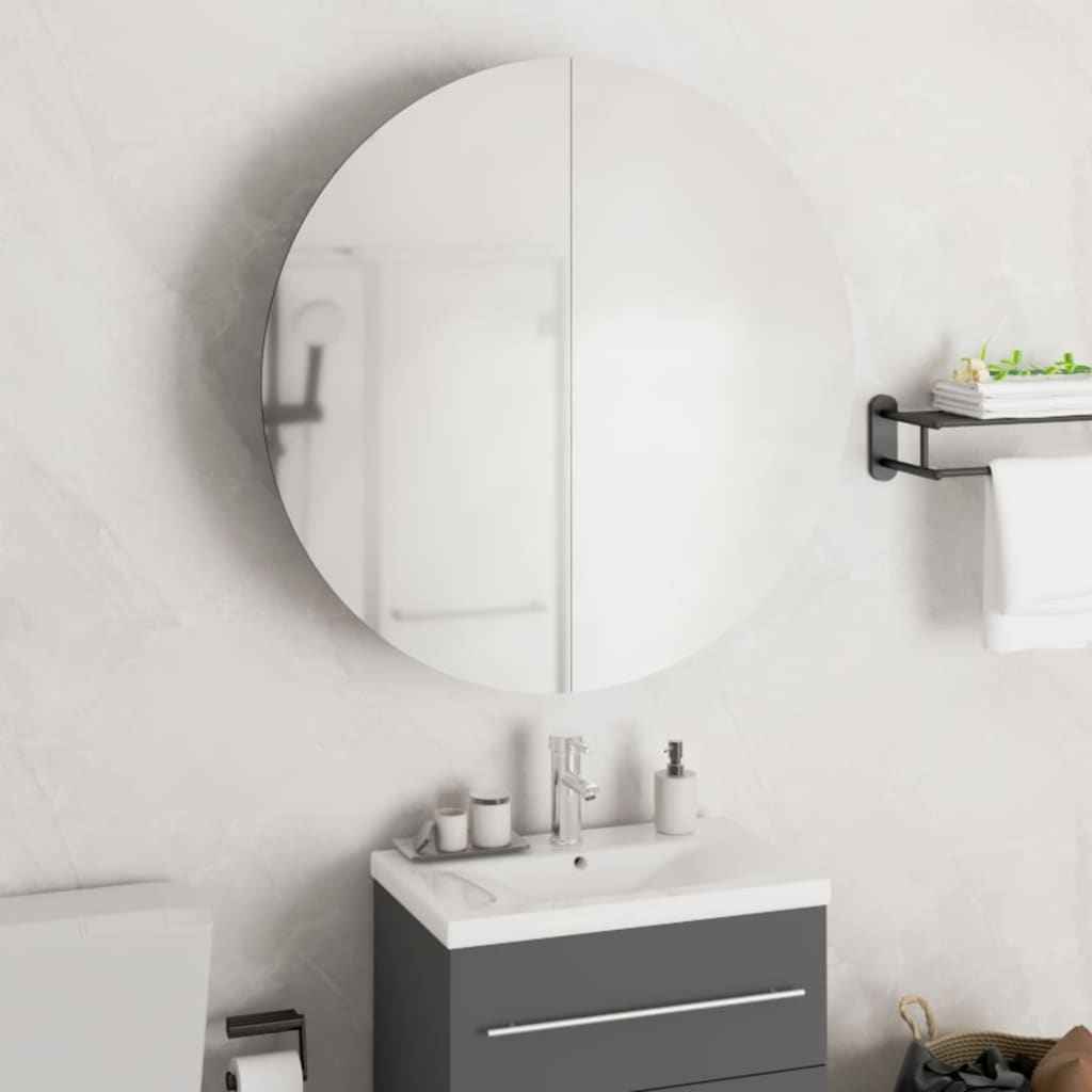 Armadio da Bagno con Specchio Rotondo e LED Rovere 54x54x17,5cm | homemem39