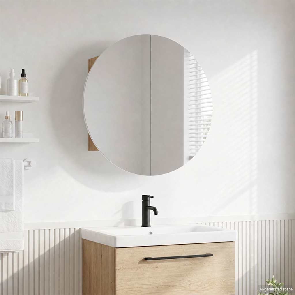 Armadio da Bagno con Specchio Rotondo e LED Rovere 54x54x17,5cm